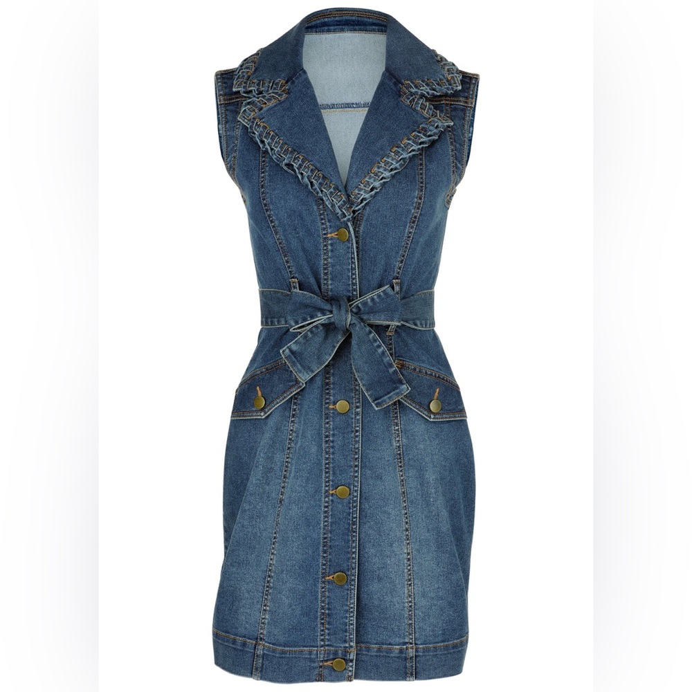 VENUS Blue Whip Stitch Sleeveless Denim Button Front Tie Waist Mini Dress size L